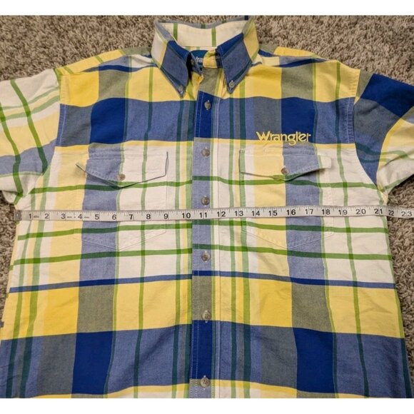 Vintage Wrangler Button Down Shirt Mens Medium Yellow Plaid Sleeve Spellout - Picture 7 of 8